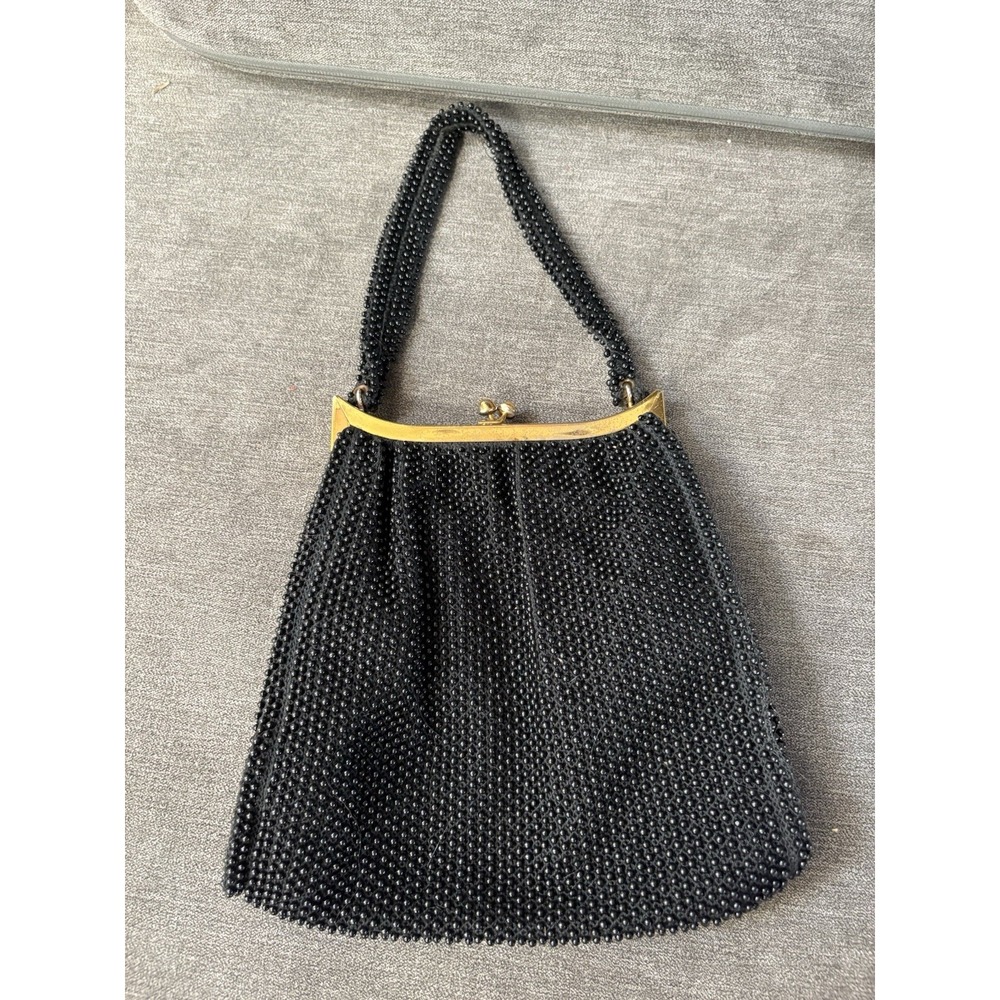 Vintage Corde Bead Hand Bag Purse Black Beads Gold Hardware Elegant